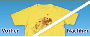 Vergleichsbild eines dreckigen T-Shirts vor und nach dem Waschgang.