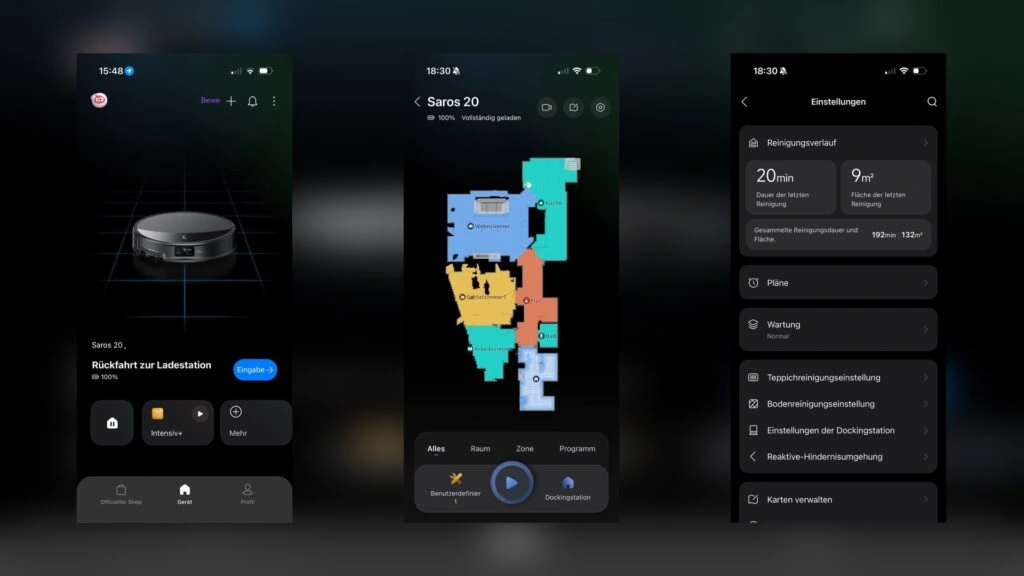 Roborock Saros 20: App-Collage mit Raumkarte und Reinigungsstatistik