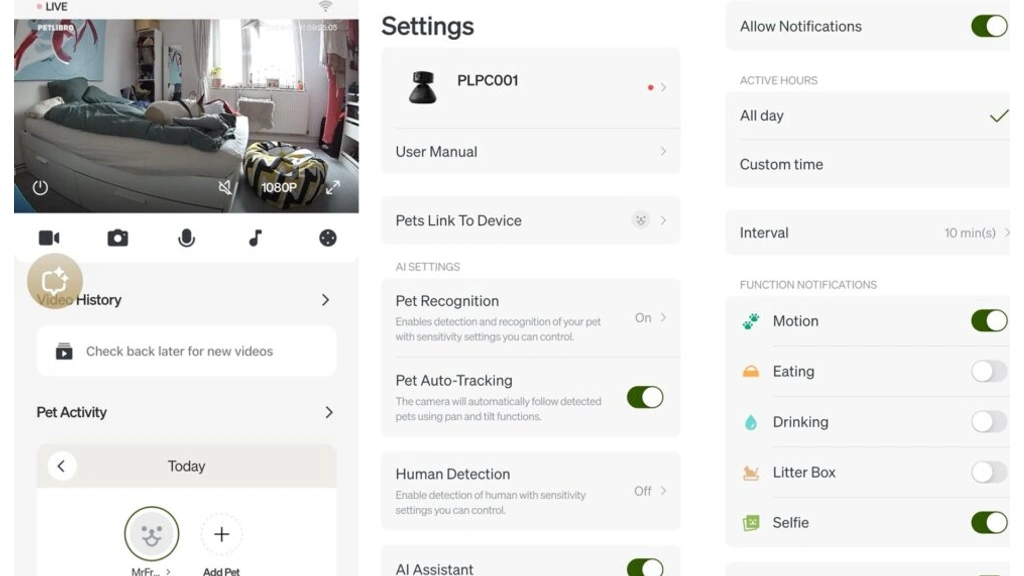 Petlibro Scout: App Oberfläche mit Livebild und KI Einstellungen