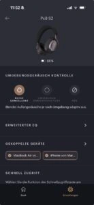 Screenshot der Bowers & Wilkins Music App mit Optionen für Noise Cancelling, Umgebungsdurchschaltung und Aus.