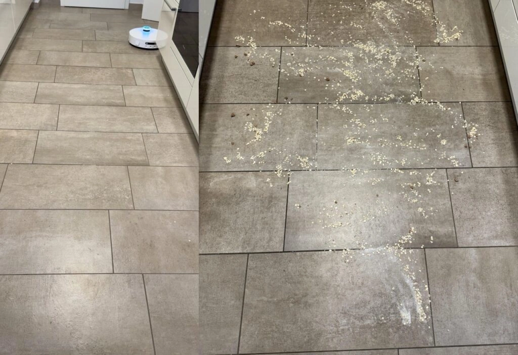 Links ist der Fliesenboden nach der Reinigung zu sehen, rechts vor der Reinigung (Foto: Testsieger.de)