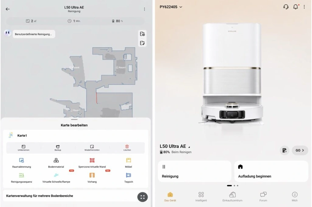 „Dreame L50 Ultra AE': Kartenbearbeitung und Startbildschirm der DreameHome App