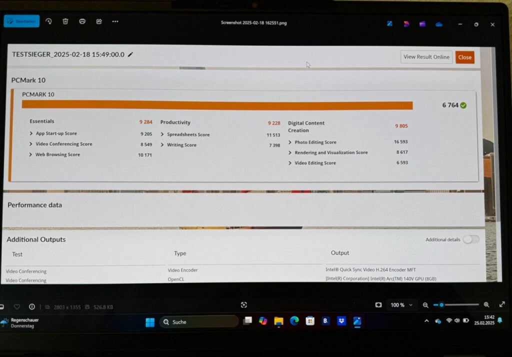 Nahaufnahme der Benchmarkergebnisse im PCMARK10-Test. (Foto: Testsieger.de)