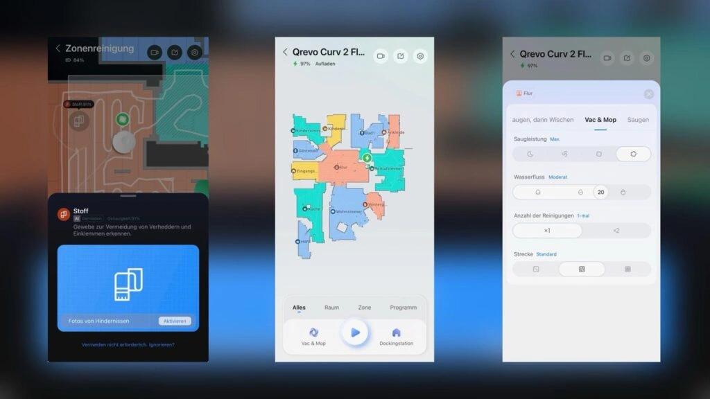 Roborock Qrevo Curv 2 Flow: Roborock App mit Raumkarte, Zonenreinigung und Einstellungen