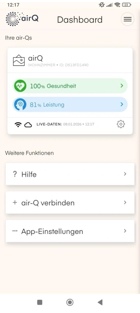 air-Q-App: Dashboard mit Gesundheits- und Leistungsindex