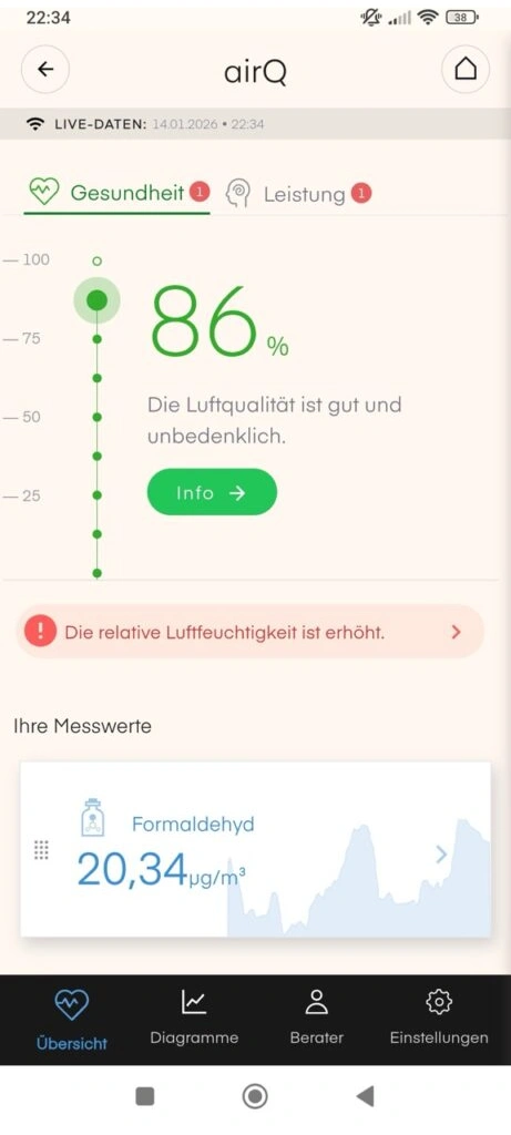 air-Q-App: Warnhinweis zu auffälligen Messwerten