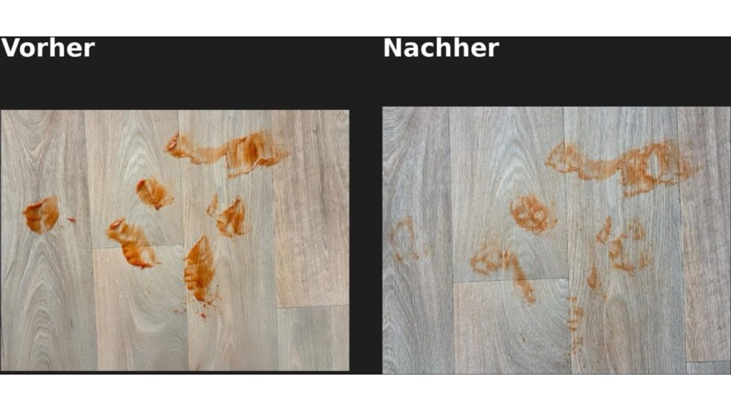 „Dreame L50s Pro Ultra': „Vorher Nachher Vergleich bei Ketchupflecken auf Hartboden'
