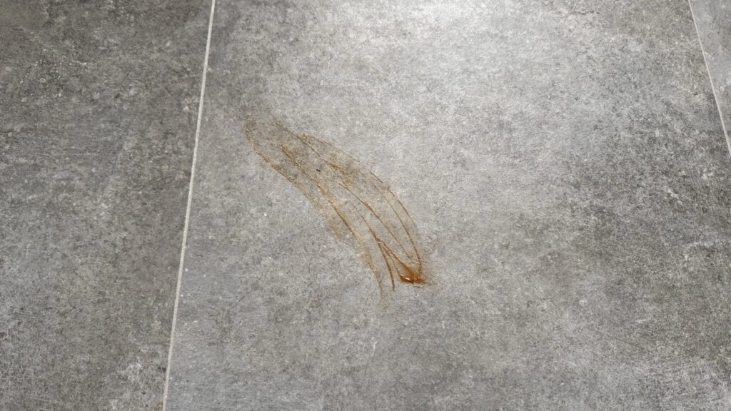 „Dreame L50 Ultra AE': Angetrockneter Ketchup-Fleck im Wischtest auf Fliesenboden