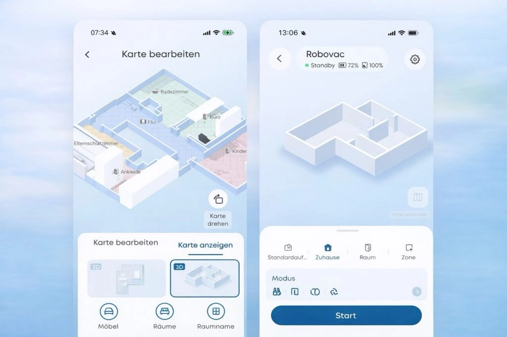 „Eufy-App“: „3D-Kartenansicht und Startbildschirm der App“