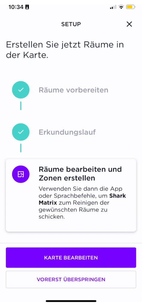 Screenshot der Einrichtungsschritte in der SharkClean-App (Foto: Testsieger.de)