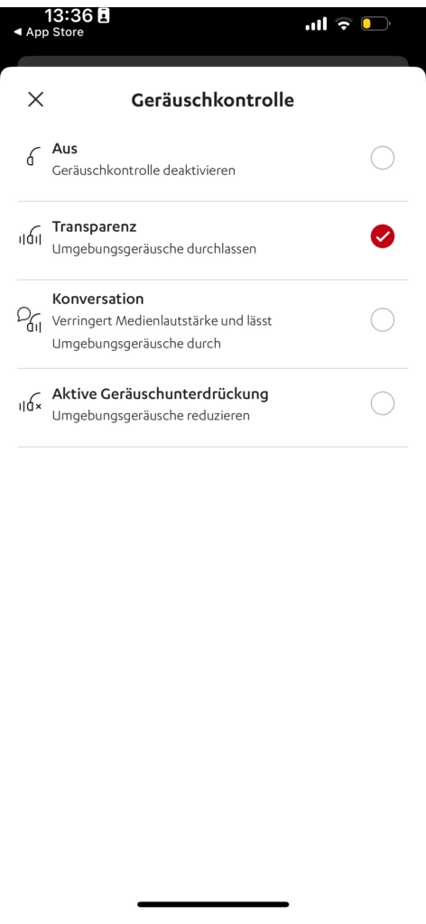 Screenshot der Einstellungen zur Geräuschunterdrückung in der Teufel-App. (Foto: Testsieger.de)