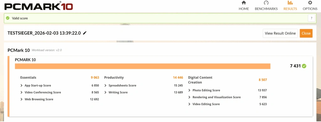 „Geekom GeekBook X14 Pro“:PCMark 10 Ergebnisübersicht mit Essentials Productivity und Digital Content Creation