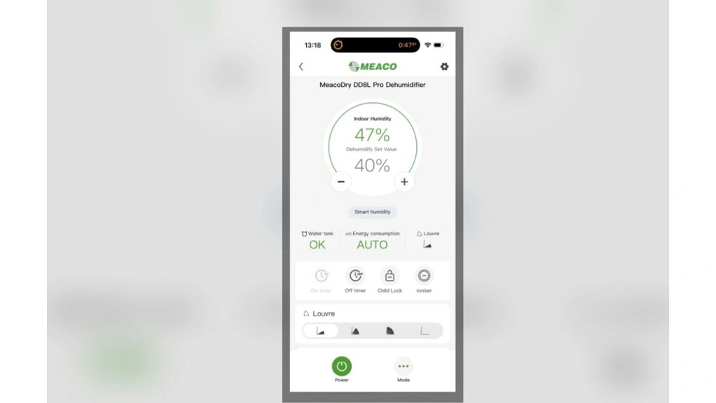 „Meaco DD8L Pro: App-Steuerung mit Luftfeuchtigkeitsanzeige und Einstellungen'