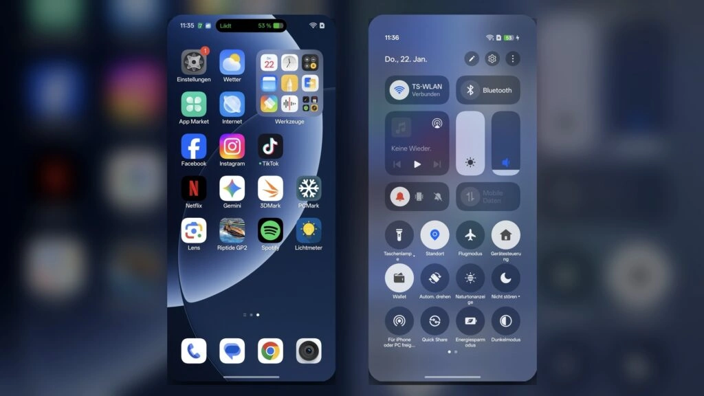 „Realme GT 8 Pro“: Startbildschirm und Kontrollzentrum von Realme UI 7