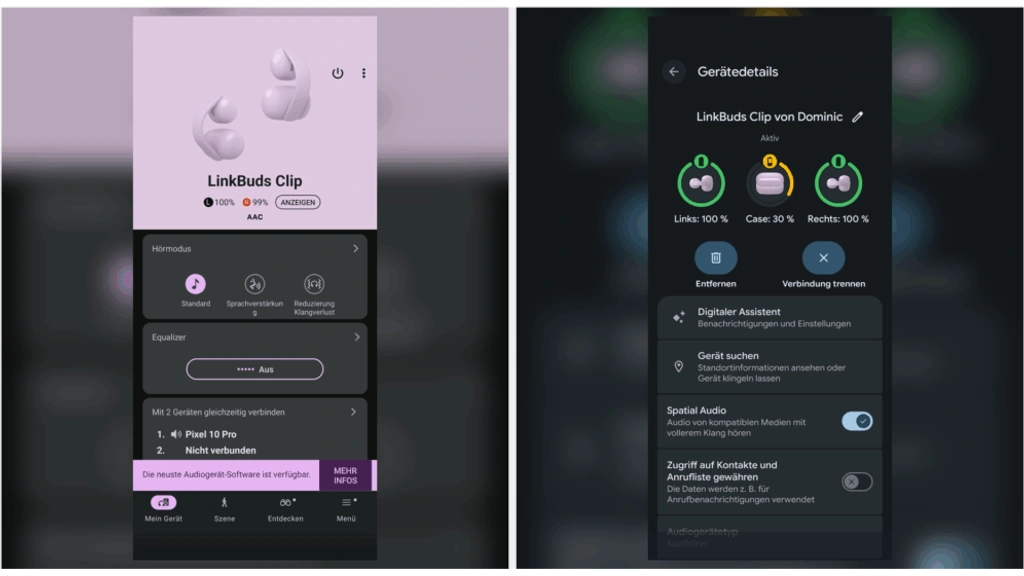 Sony LinkBuds Clip: Sony Sound Connect App und Bluetooth-Gerätedetails im Überblick