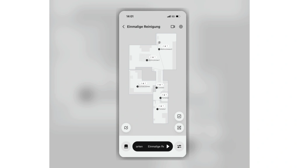„DJI Romo P“: Karten- und Reinigungsansicht in der App