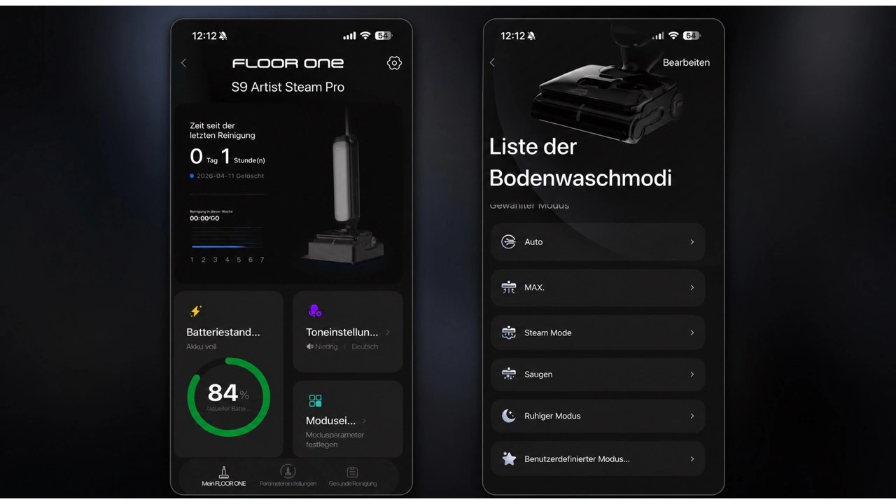 Tineco Floor One S9 Artist Steam Pro: App mit Bodenwaschmodi