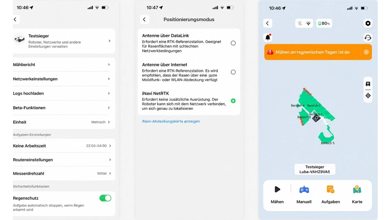 Mammotion LUBA 3 AWD 3000: App mit Karte und Einstellungen