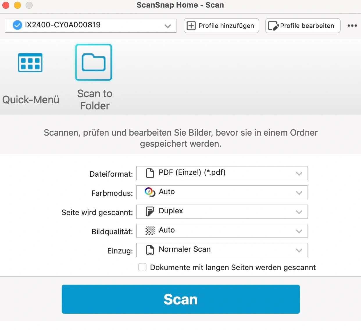 Ricoh ScanSnap iX2400: ScanSnap-Home-Software am Mac