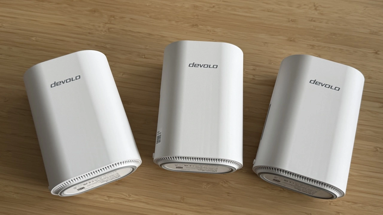 devolo WiFi 7 Mesh BE6500 3-Pack: drei Mesh-Stationen auf Holztisch