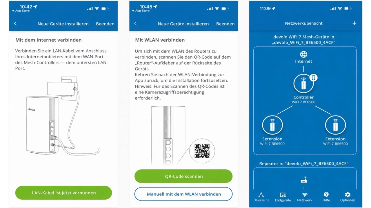 devolo WiFi 7 Mesh BE6500 3-Pack: App-Einrichtung und Netzwerkübersicht