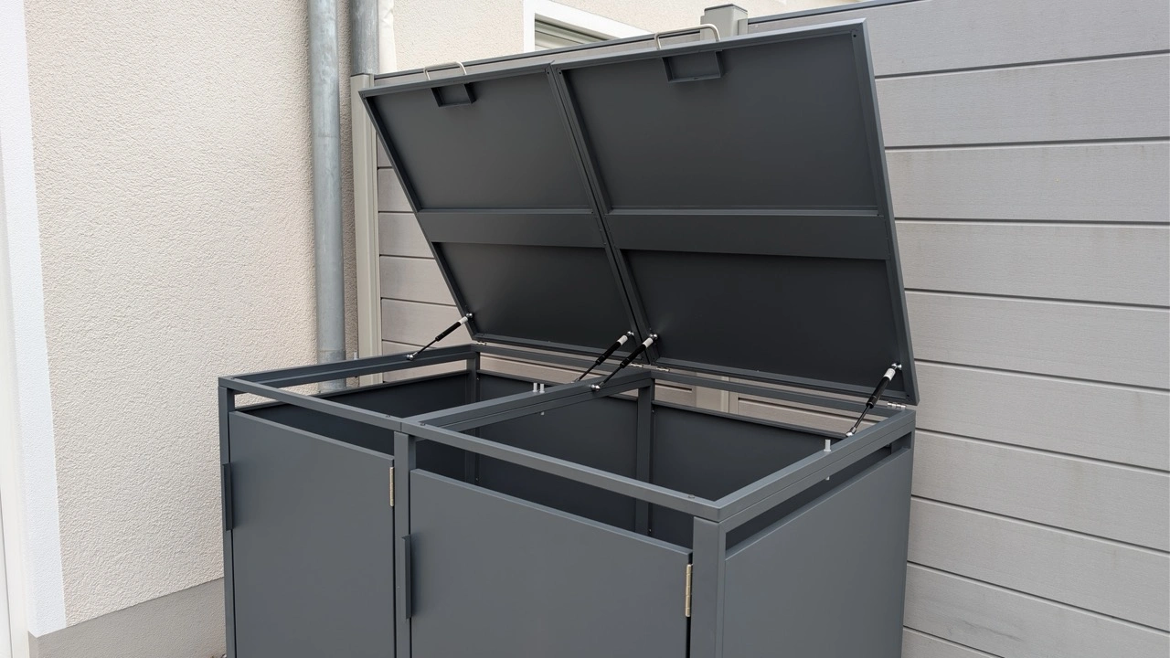 STEELSØN Thoria: Offene Mülltonnenbox mit hochgeklappten Deckeln und geöffneten Türen
