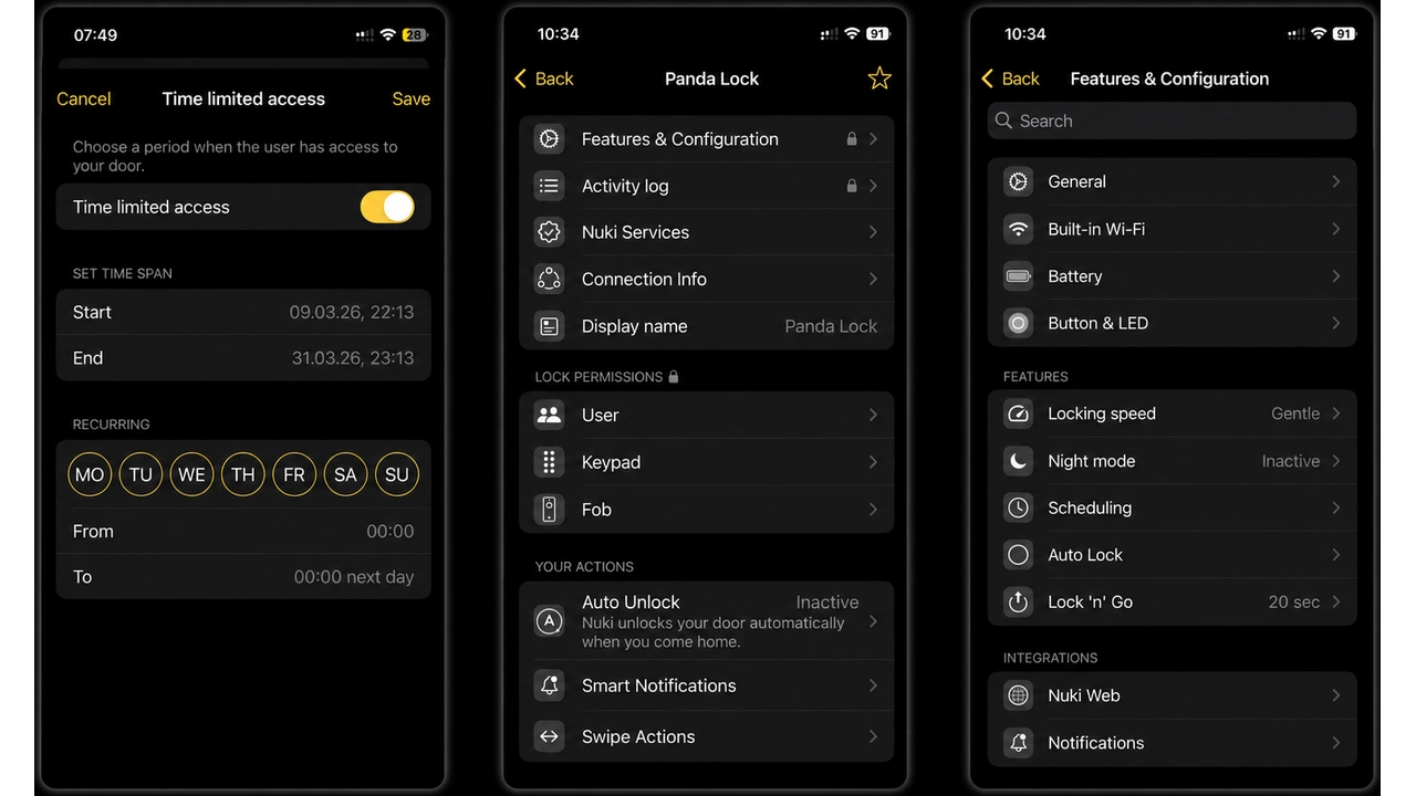 NUKI Smart Lock Pro (5. Generation): App-Menü mit Funktionen und Einstellungen