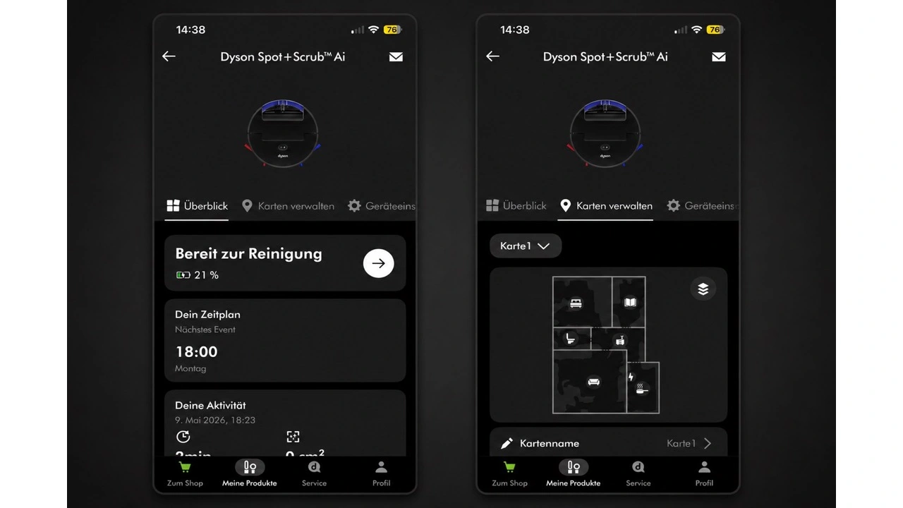 Dyson Spot+Scrub Ai: App-Ansichten mit Karte und Reinigungsmodi
