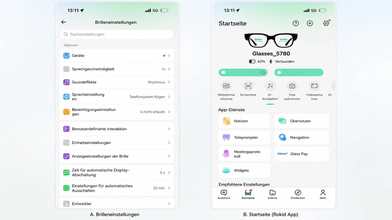 Rokid Glasses: App mit Brilleneinstellungen und Startseite