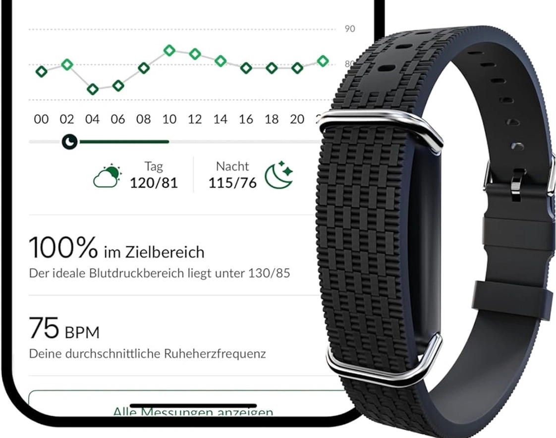 Hilo Band: Armband vor App-Ansicht mit Blutdruckverlauf