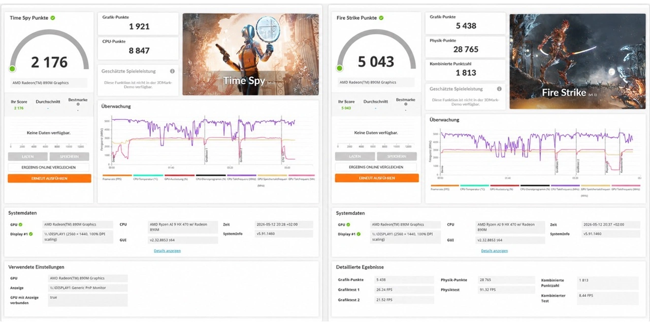 GEEKOM AI Mini PC A9 Max AMD Ryzen AI 9 HX 470: 3DMark-Ergebnisse