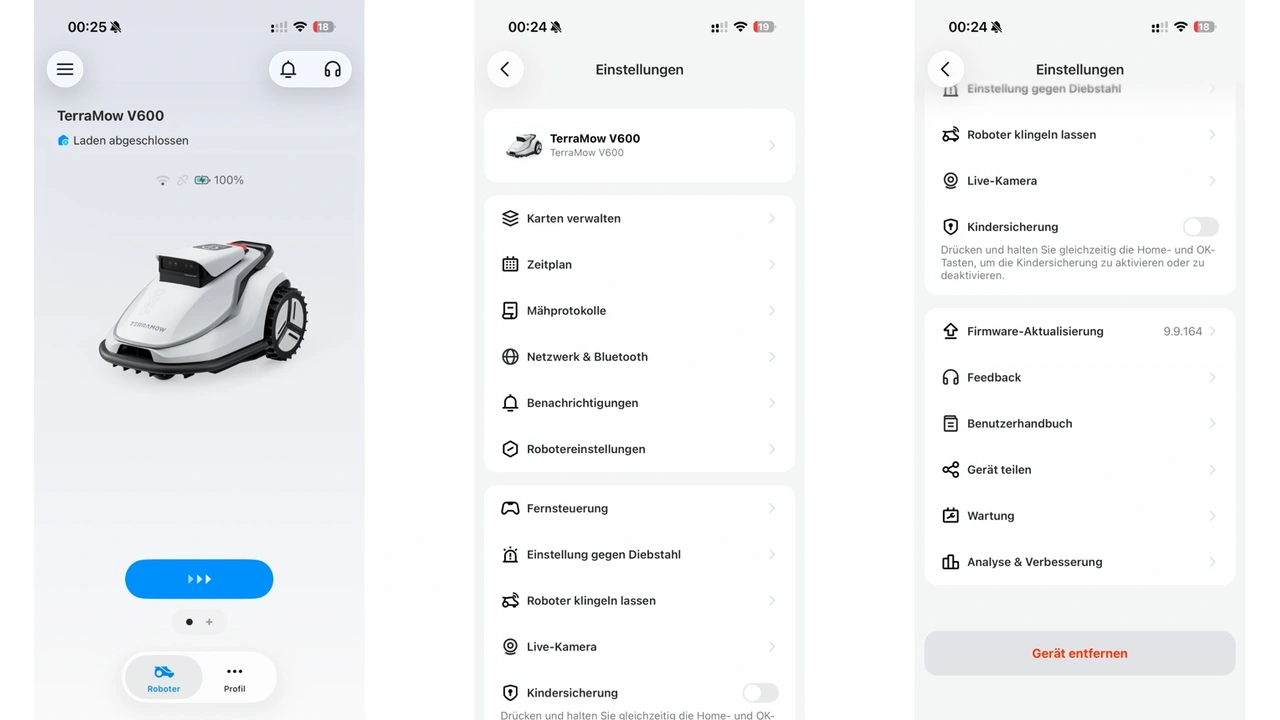 Terramow V600: App mit Einstellungen
