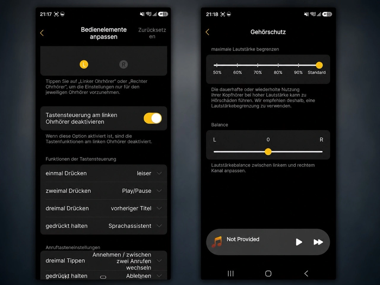 EarFun Clip 2: App-Menü für Tasten und Balance
