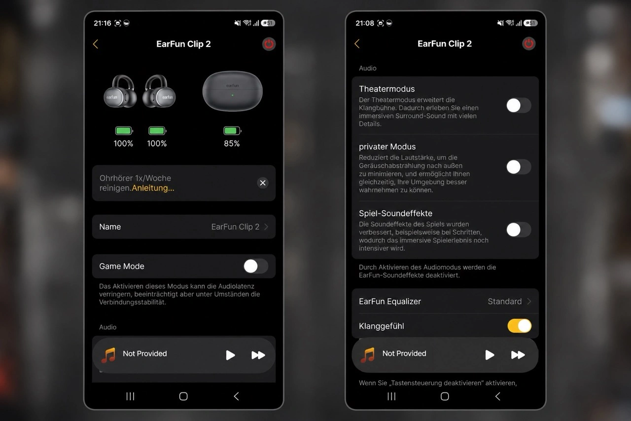 EarFun Clip 2: App-Startseite und Audiomodi