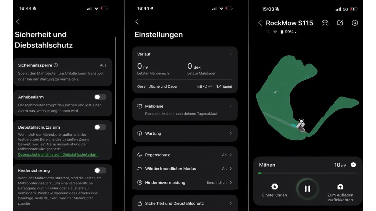 Roborock RockMow S115: App mit Sicherheit, Einstellungen und Live-Karte