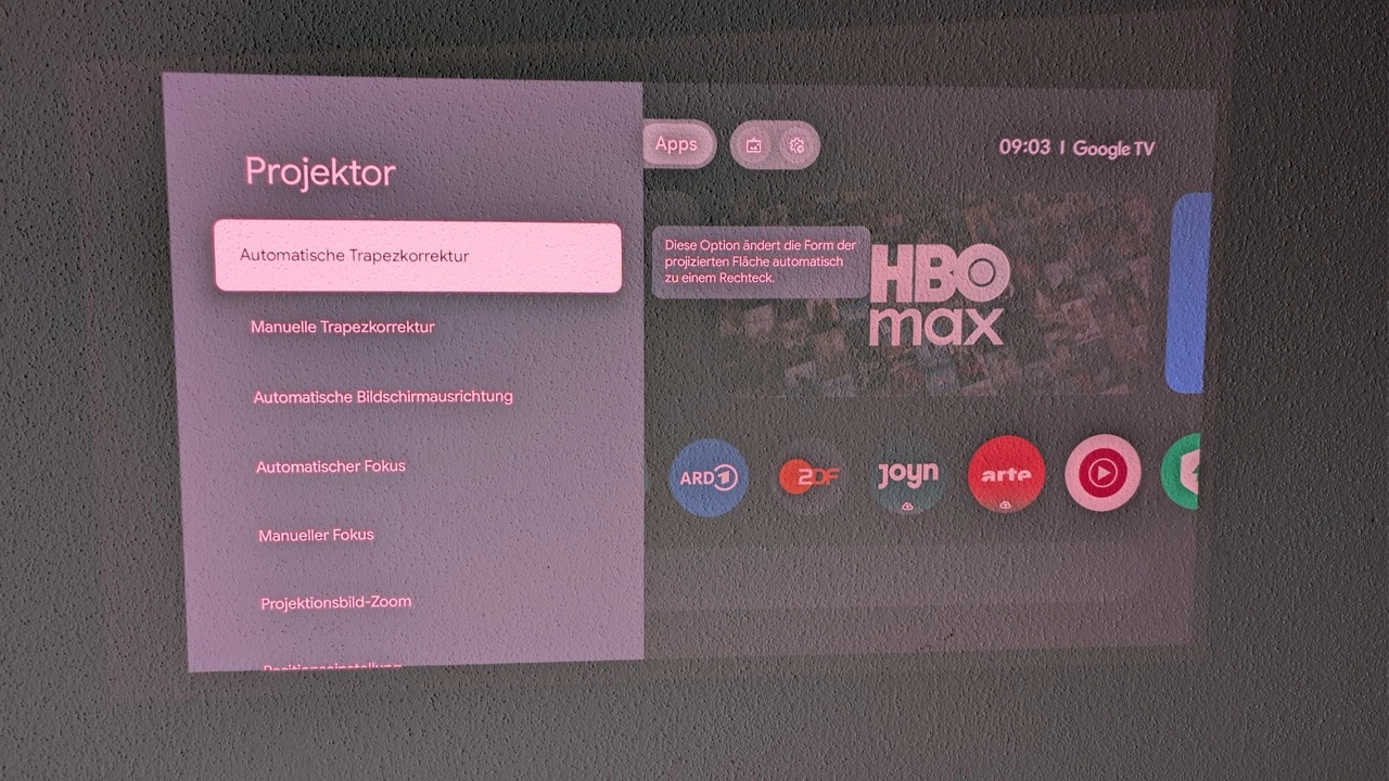 Valerion VisionMaster Pro2: Projektormenü mit Bildautomatik