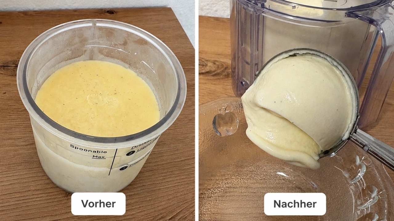 Russell Hobbs Chilluxe Eismaschine: Vanillebasis vor und nach der Verarbeitung