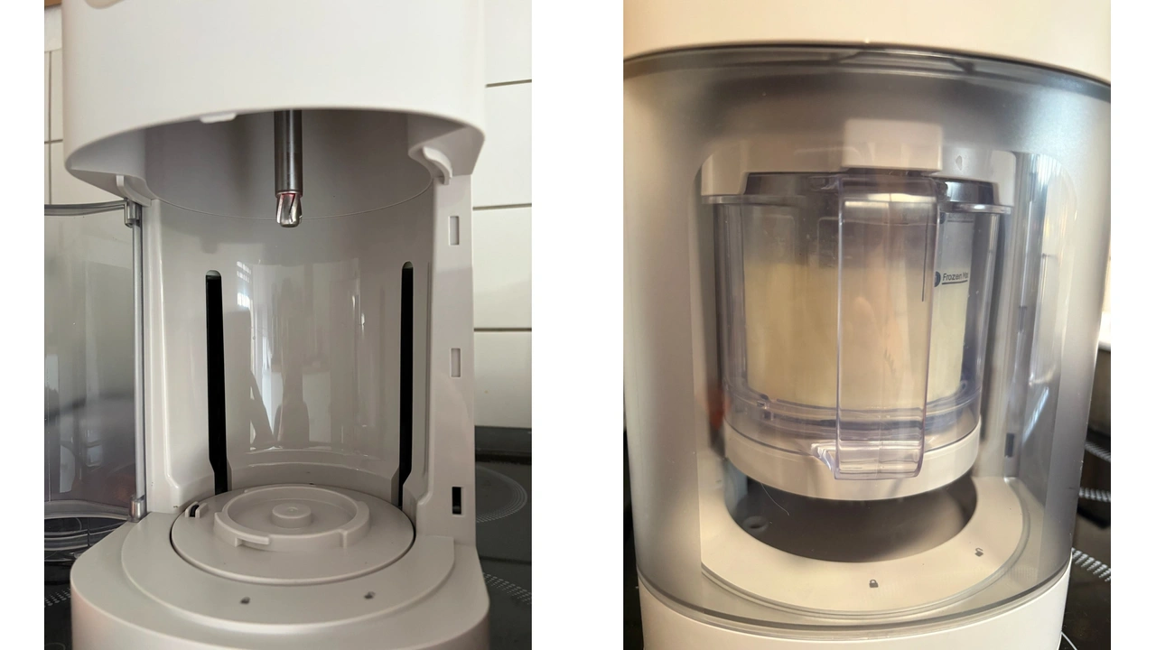 Russell Hobbs Chilluxe Eismaschine: Aufnahme und eingesetzter Dessertbehälter