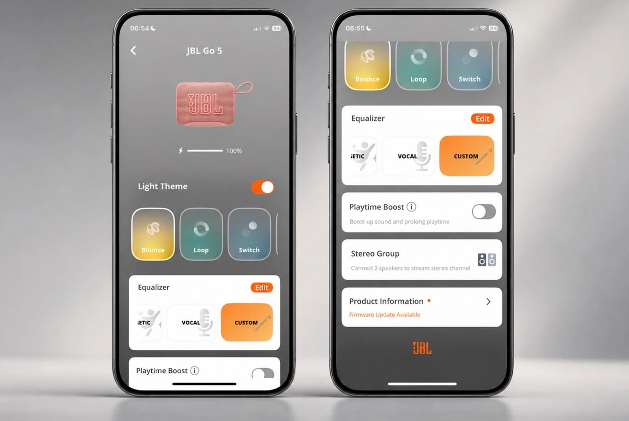 JBL Go 5: JBL Portable-App mit Equalizer, Lichtthemen und Playtime Boost
