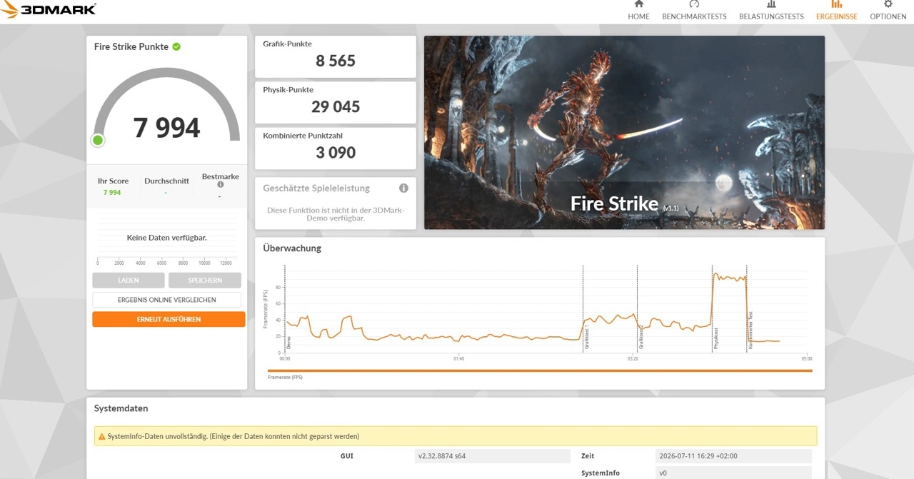 GEEKOM AI Mini PC IT13 Max: Fire-Strike-Benchmark mit Ergebnisübersicht