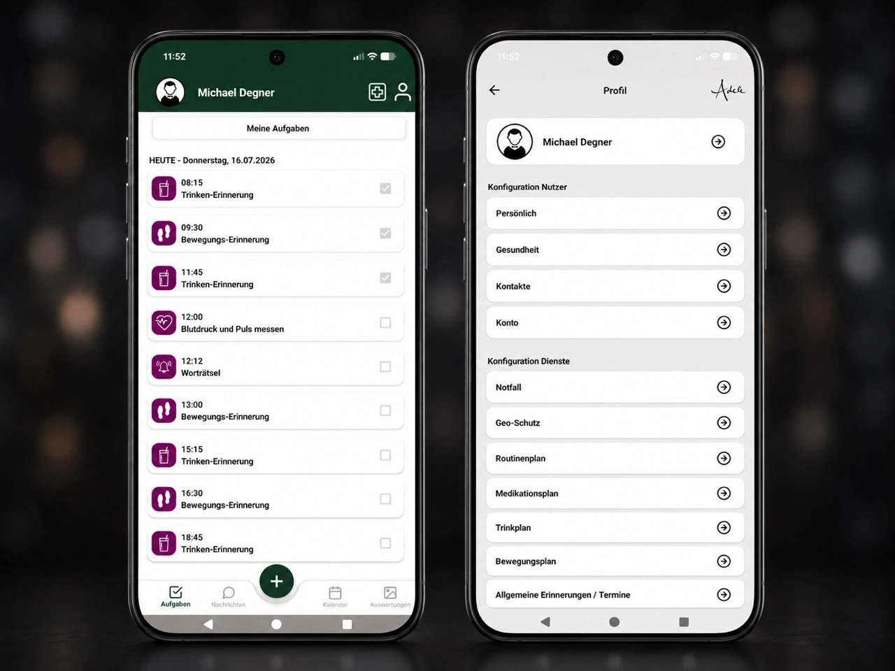 ALMA PHIL ADELE: Aufgabenübersicht und Profil in der App