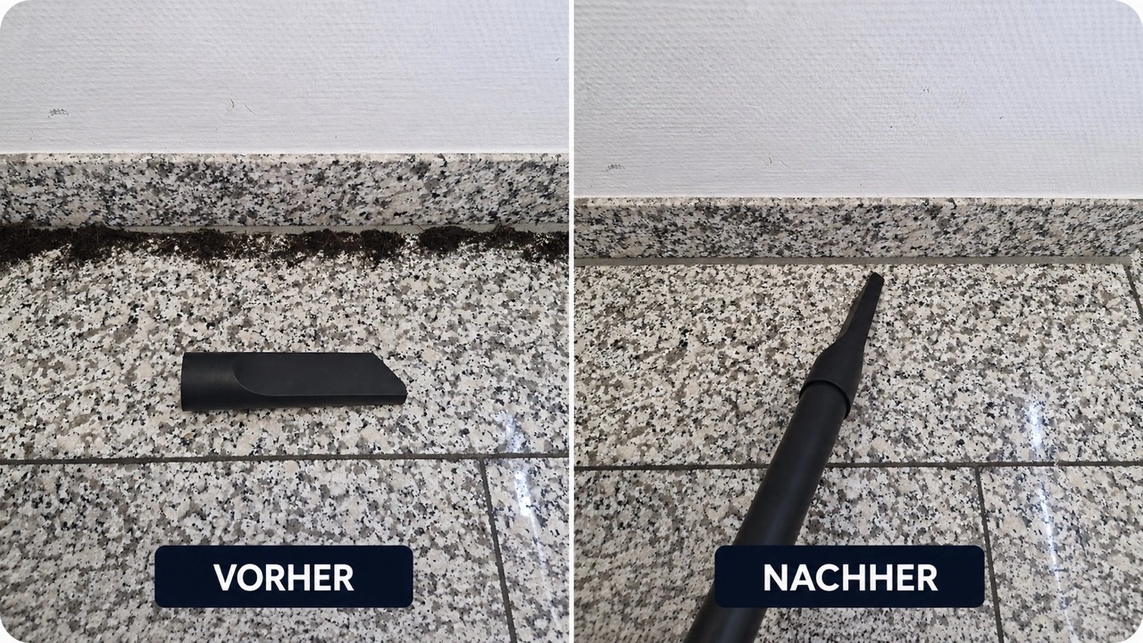 Einhell Akku-Nass-Trockensauger TP-VC 18/10 Li BL: Fugendüsentest an einer Bodenkante vor und nach dem Saugen