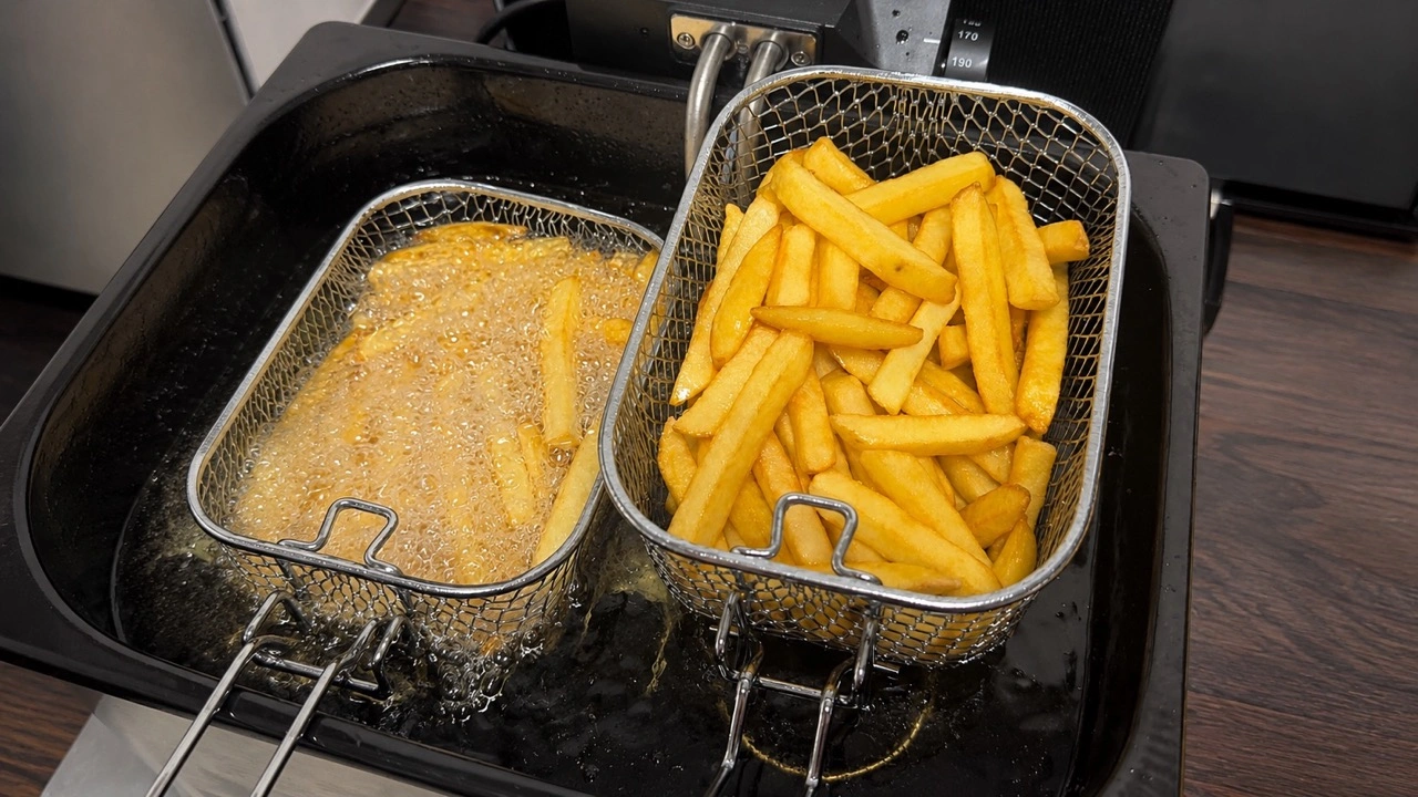 Tristar FR-9330: ein Frittierkorb im Öl und ein Korb mit Pommes
