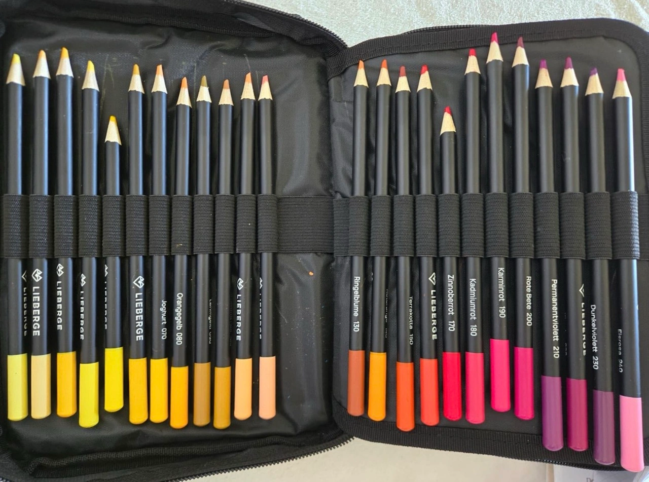 LIEBERGE Buntstifte in Profi-Nylon-Etui | 72 Farben: geöffnetes Nylon-Etui mit sortierten Stiften