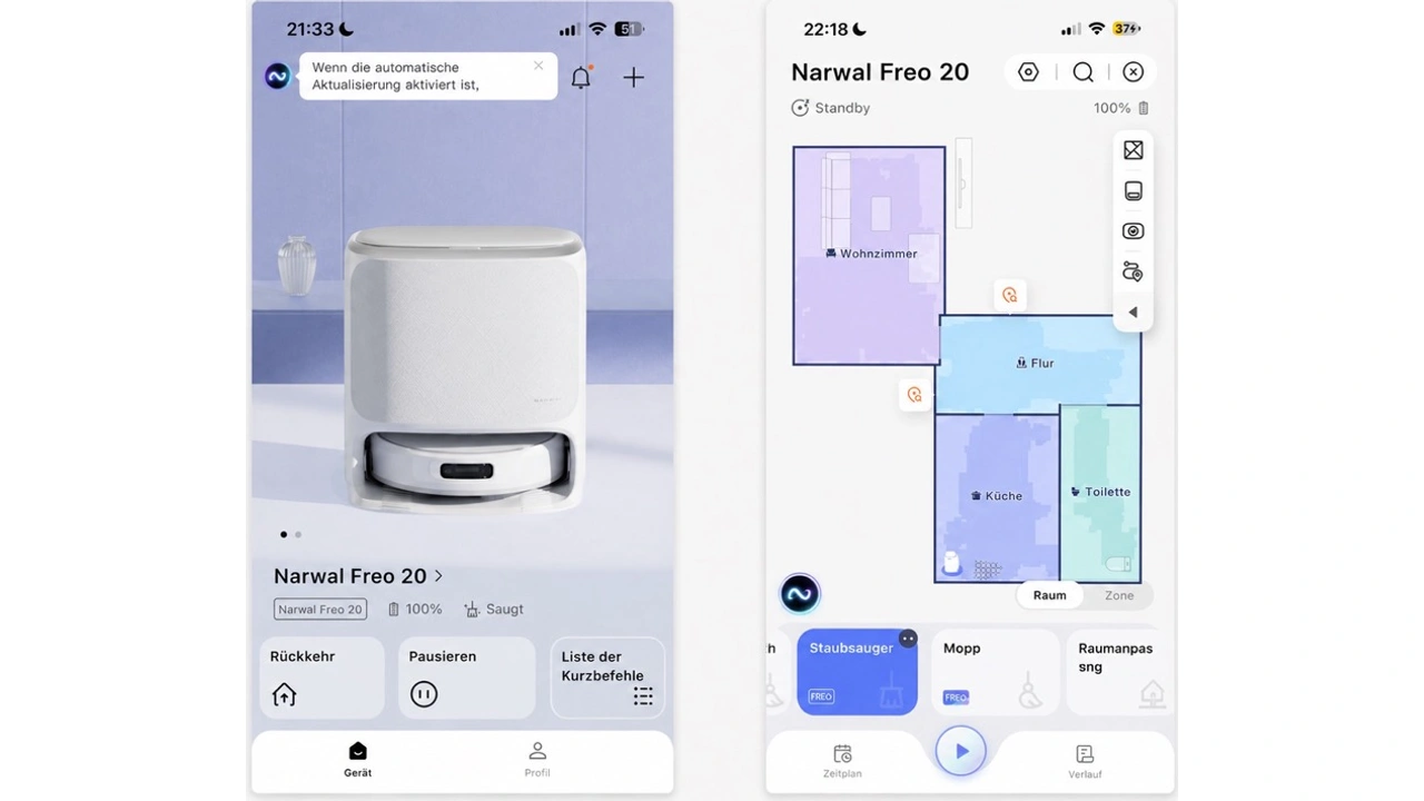 Narwal Freo 20: App mit Startseite und Raumkarte