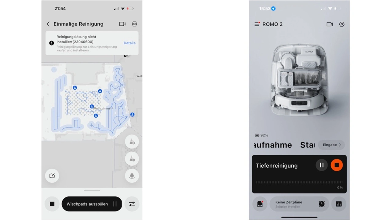 DJI ROMO P2: App mit Reinigungskarte und Tiefenreinigung