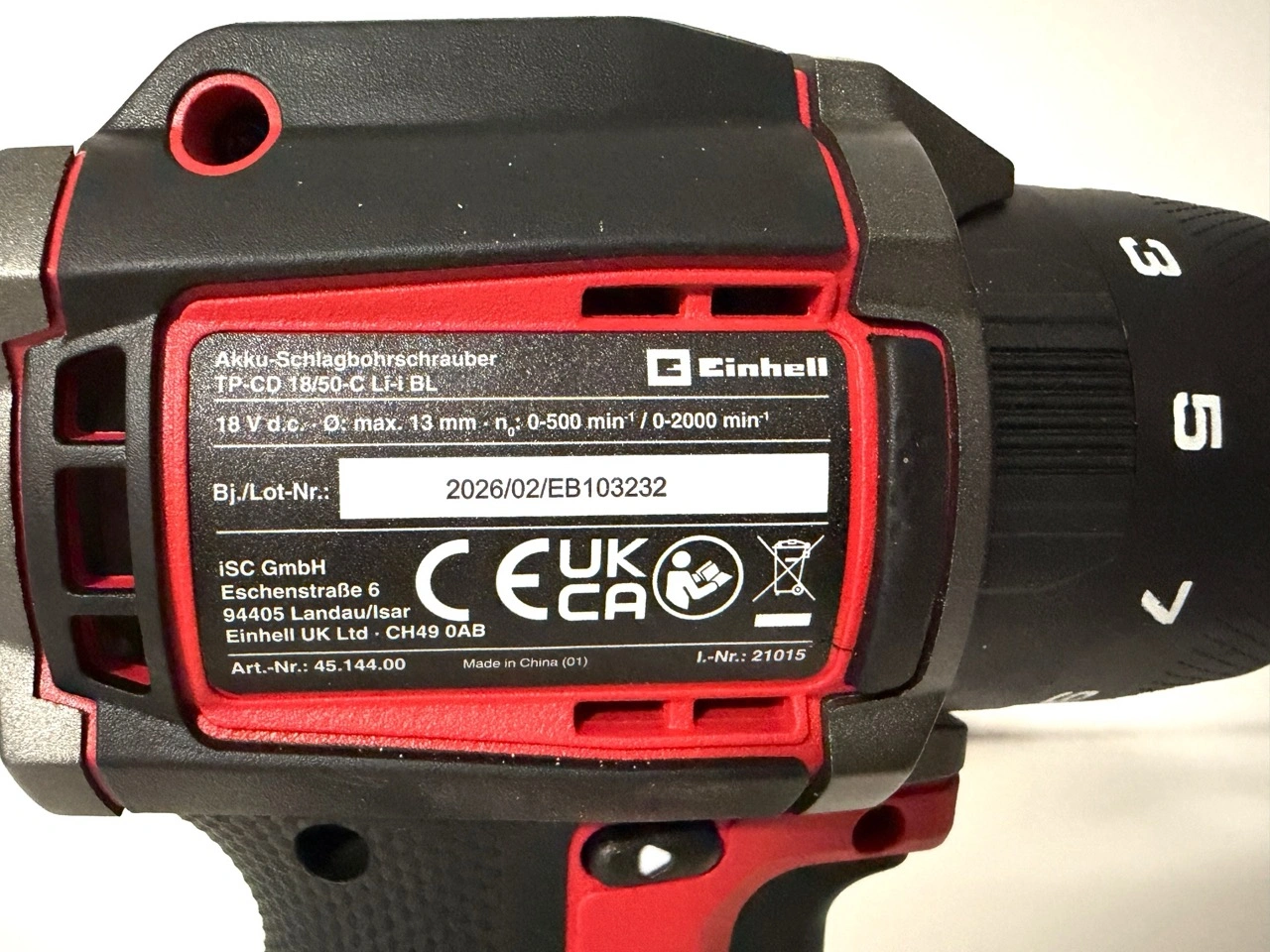 Einhell Akku-Schlagbohrschrauber TP-CD 18/50-C Li-i BL: Typenschild am Gerätegehäuse