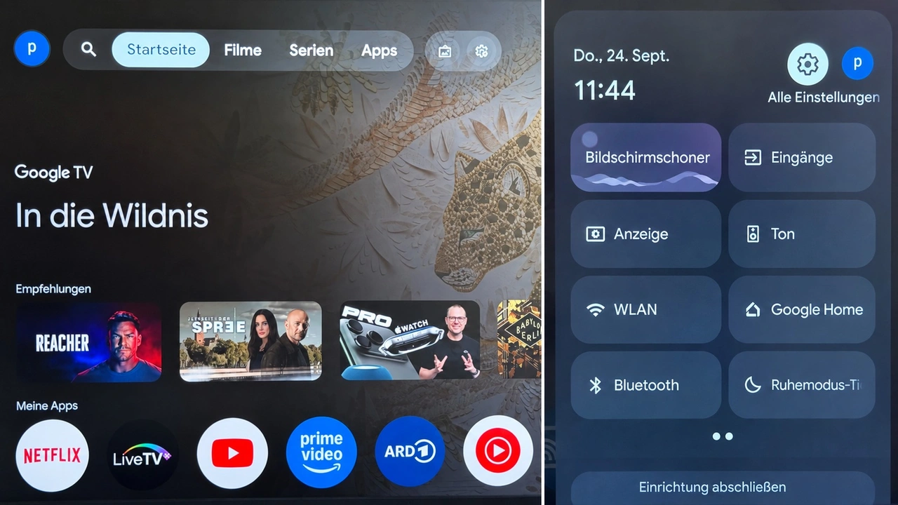 Sylvox Frameless Pro: Google-TV-Startseite und Schnelleinstellungen