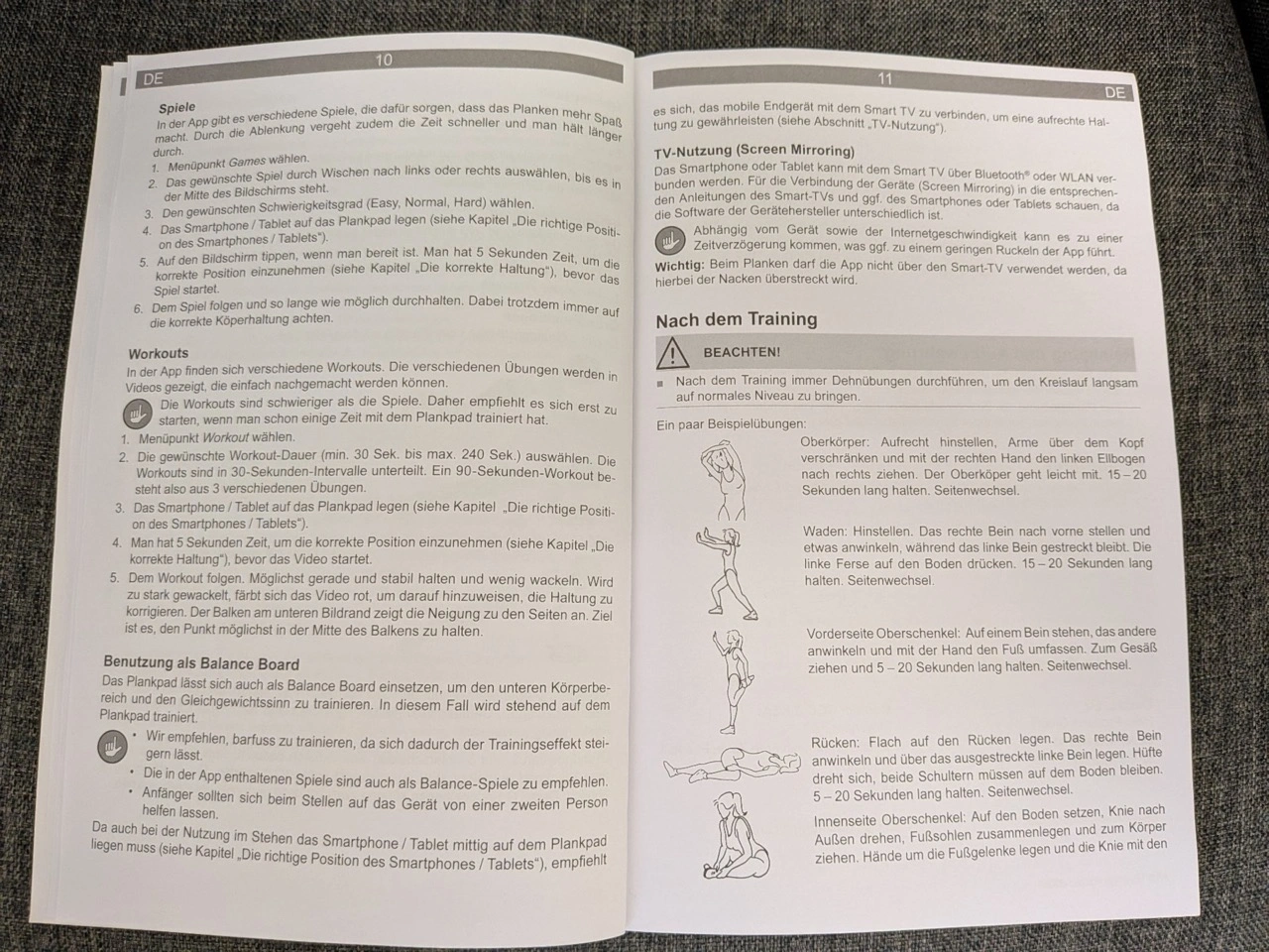 Plankpad Pro: geöffnete Gebrauchsanweisung mit Trainingshinweisen