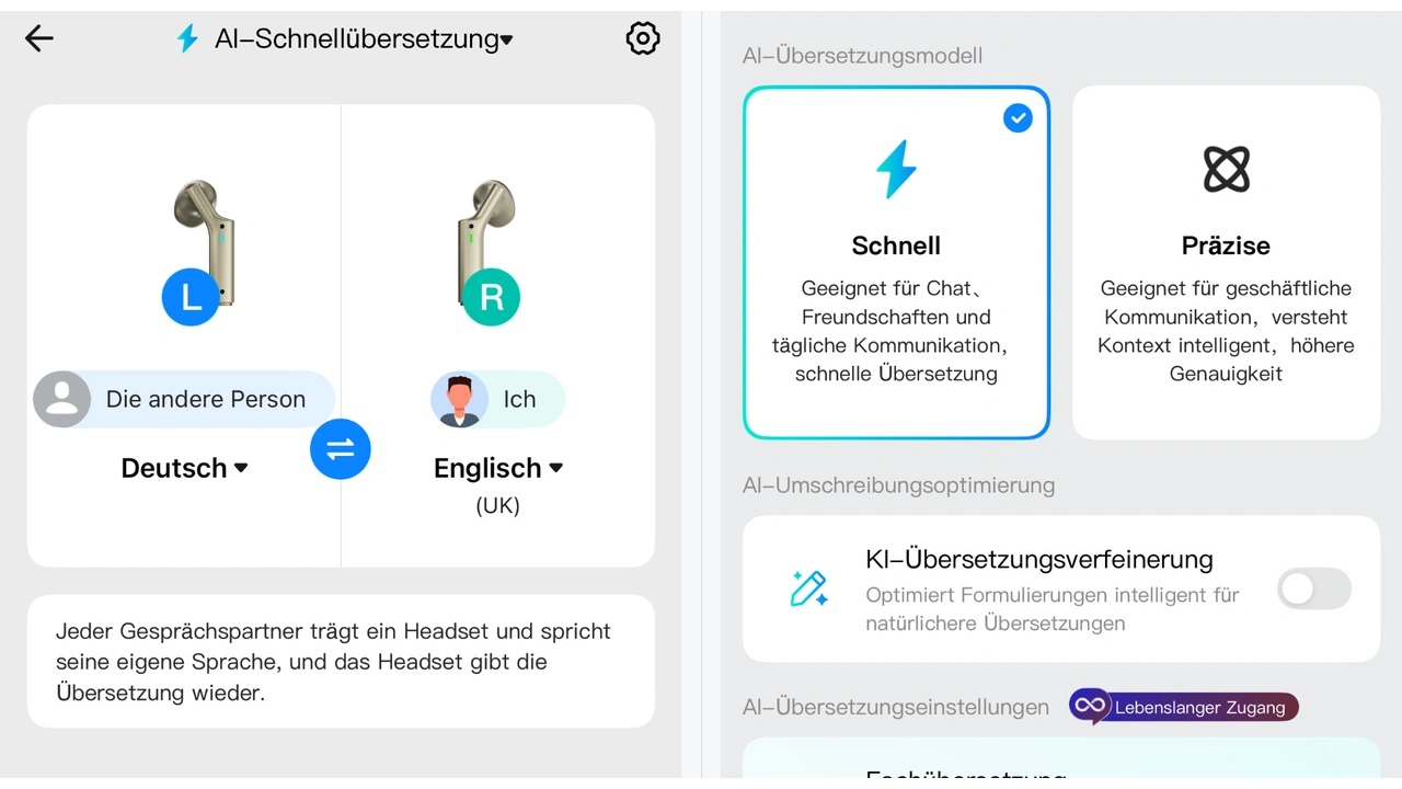 Timekettle W4 Plus: App-Ansichten für 1:1-Übersetzung und KI-Übersetzungsmodelle